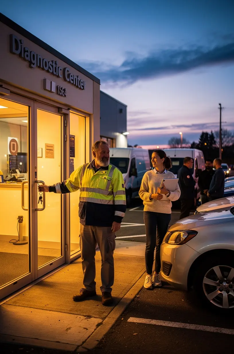 Techniker analysiert Fahrzeugdaten auf einem Bildschirm in einem spezialisierten Diagnostikzentrum in Deutschland